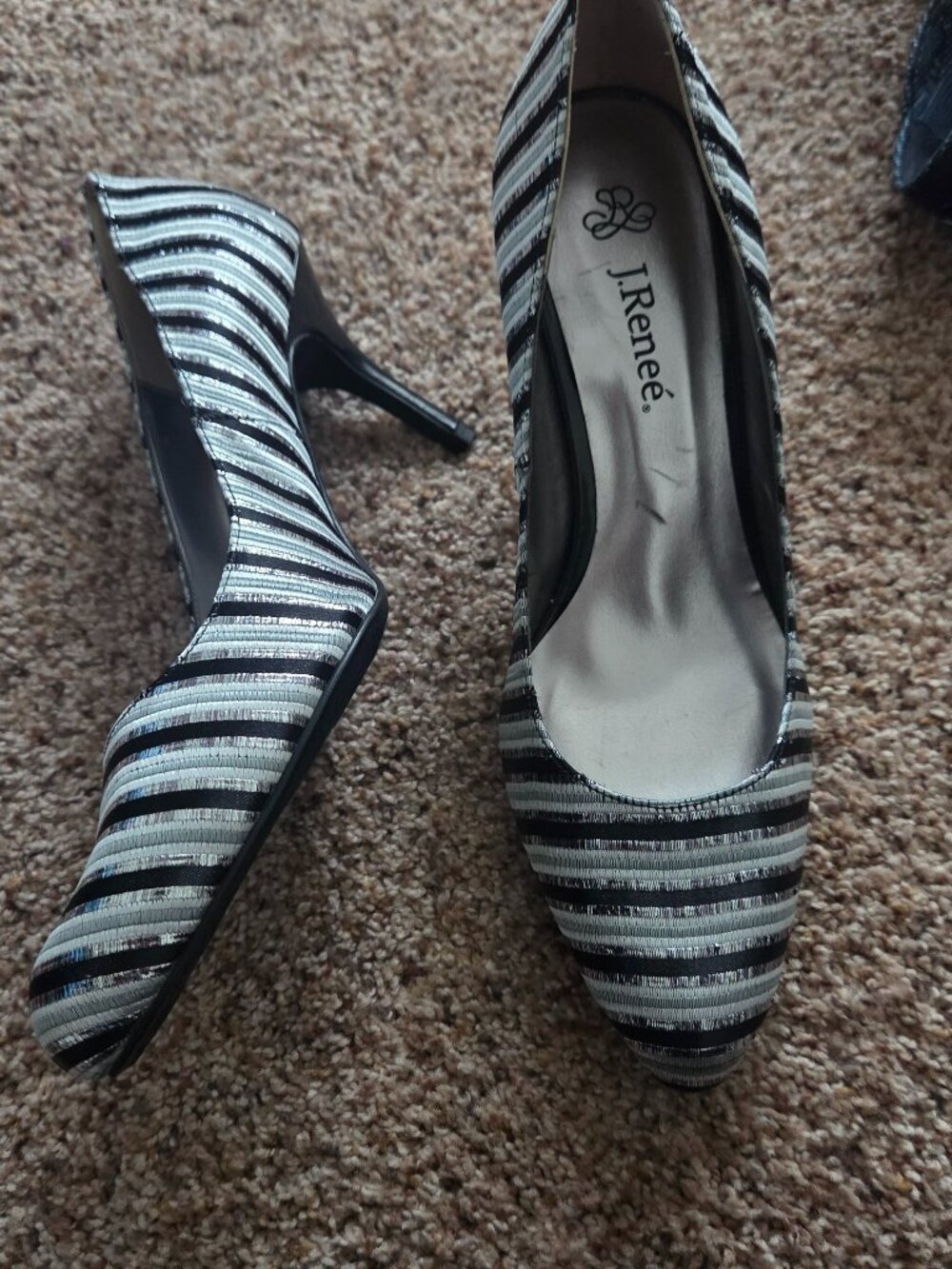 JRenee dress shoes. Siver metallic thread, white, gray and black striped heels